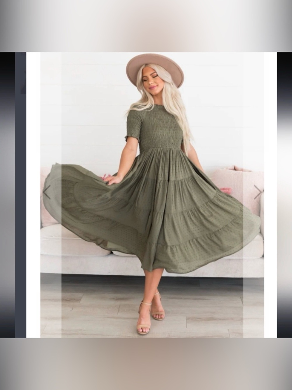 Fehrnvi | Olive Green Smocked Flowy Dress